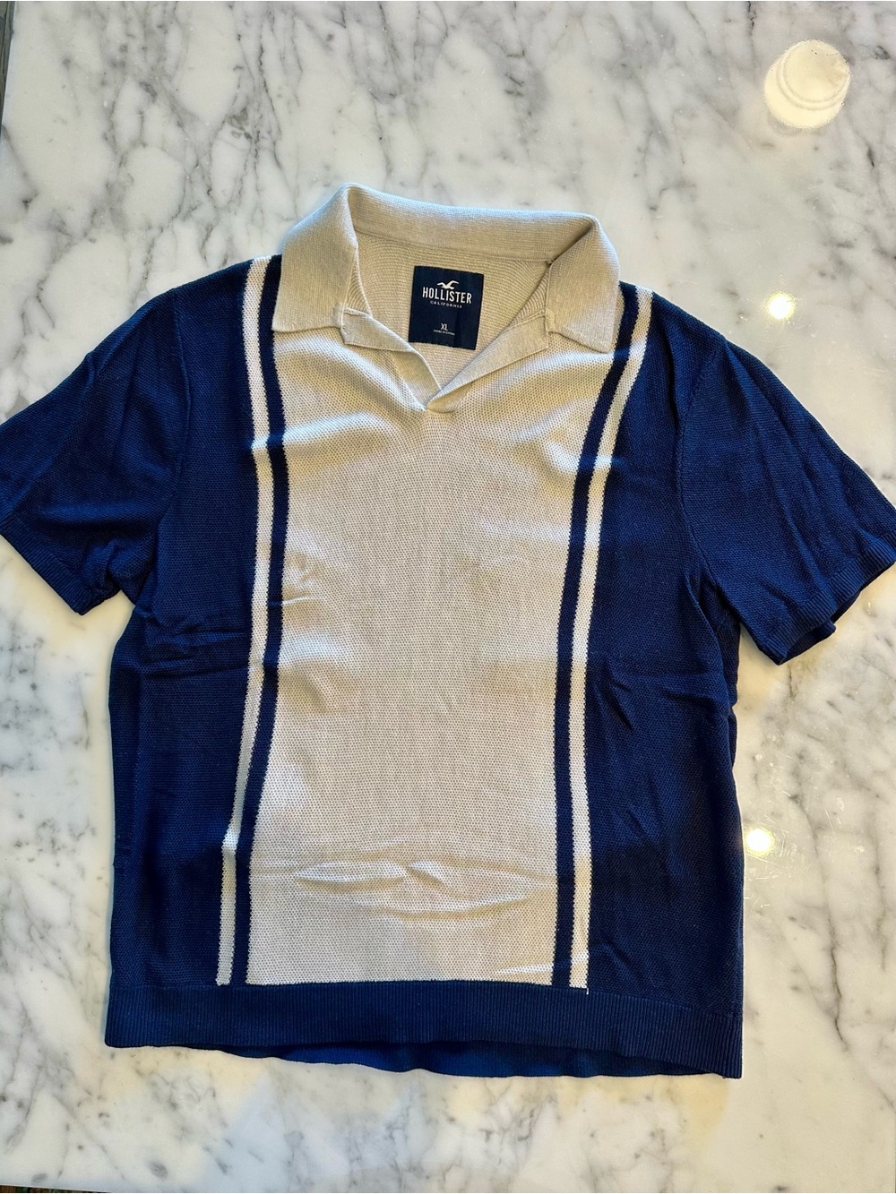 Hollister Men’s Navy & Cream Retro Stripe Sweater Polo Shirt - XL